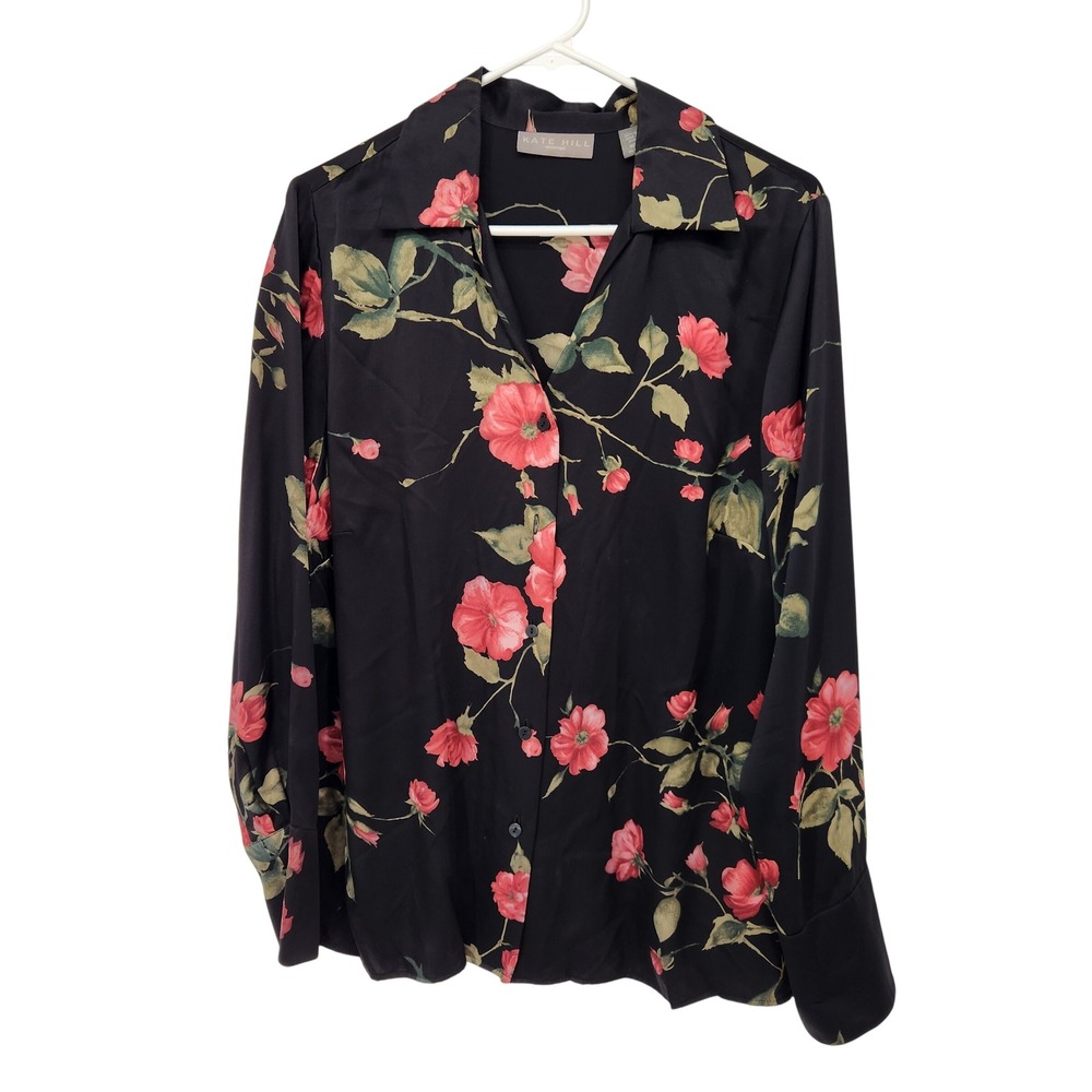 Kate Hill Woman 100% Silk Black Floral Roses V-Neck Button Down Blouse Plus 16W